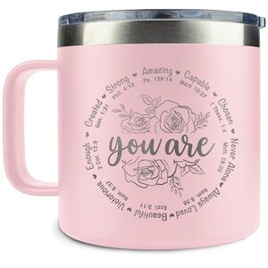 14oz Pink Insulated Stainless Steel Mug Cup w/ Handle & Lid, Faith Inspirational